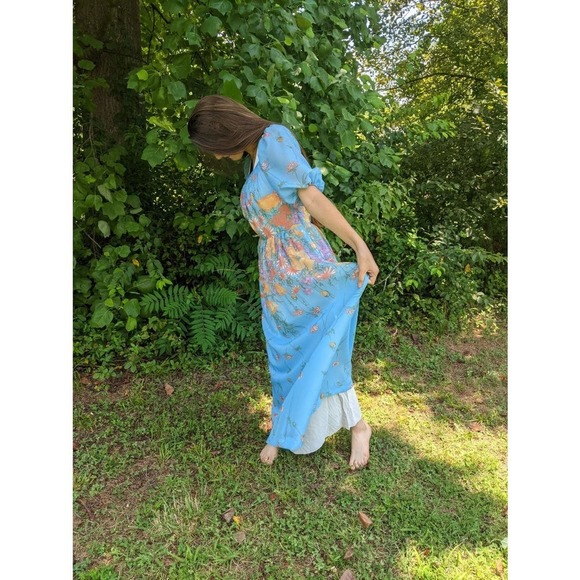 Vintage Maxi Dress S Blue Floral 60s 70s Long Boho Hippie Deha of Sweden Prom - Picture 5 of 16